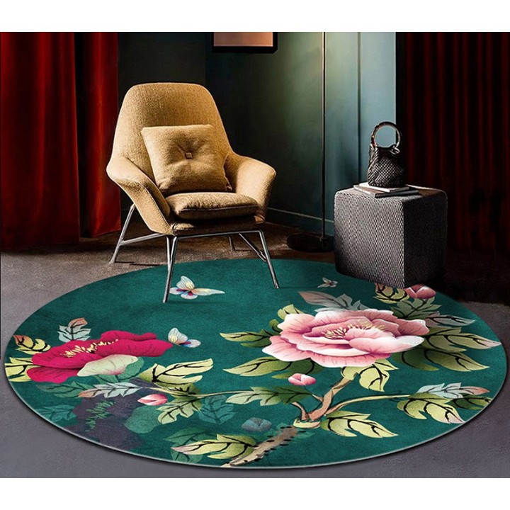 Tapis chinois fleur rose et rouge - Pivoine avec papillon sur fond vert foncé