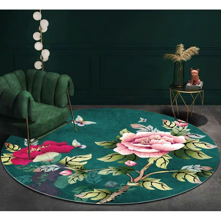 Tapis chinois fleur rose et rouge - Pivoine avec papillon sur fond vert foncé