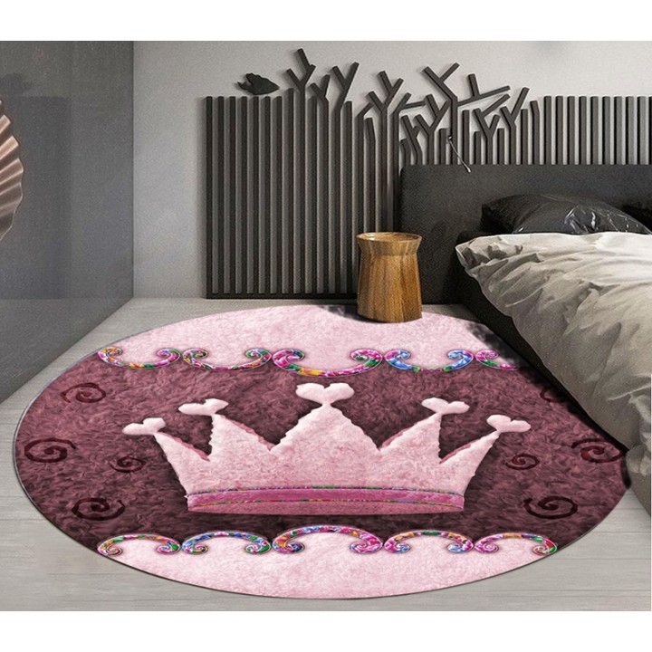 Tapis rose chambre enfant forme ronde - Couronne de princesse