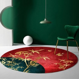 Tapis japonais forme ronde - Bambous dorés sur fond rouge vert