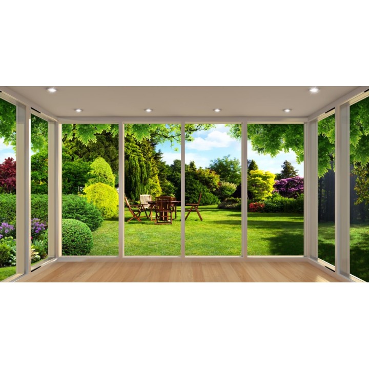 Paysage trompe l'œil 3D - Baie vitrée panoramique, jardin ensoleillé