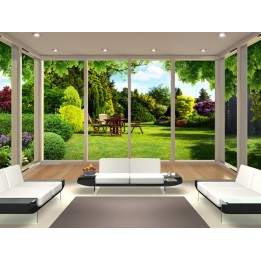 Paysage trompe l'œil 3D - Baie vitrée panoramique, jardin ensoleillé