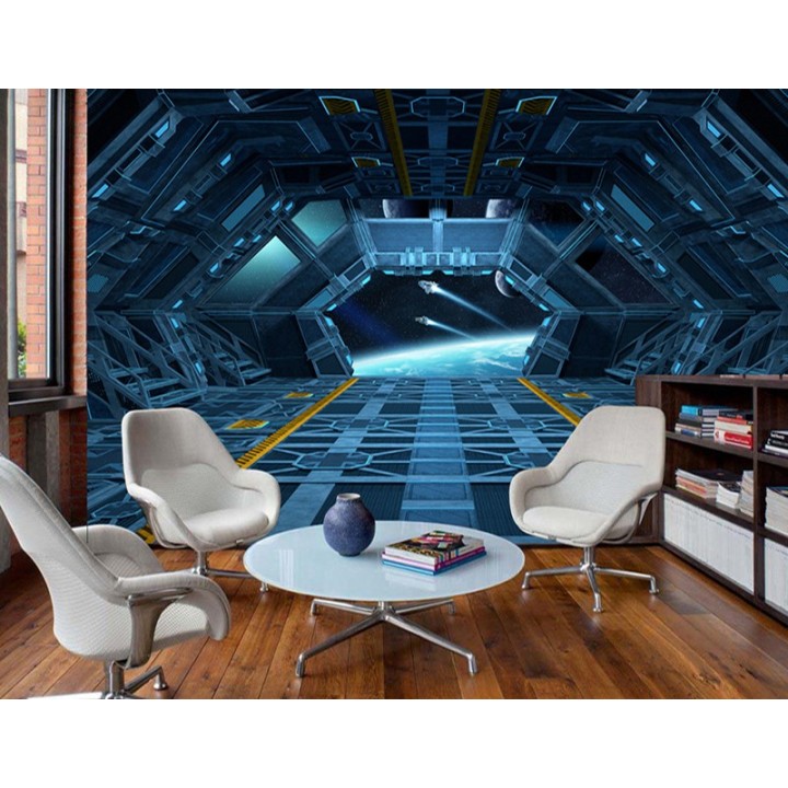 Pasyage univers planète vue depuis le cabine de vaisseau spatial, scène de science-fiction trompe l'œil 3D
