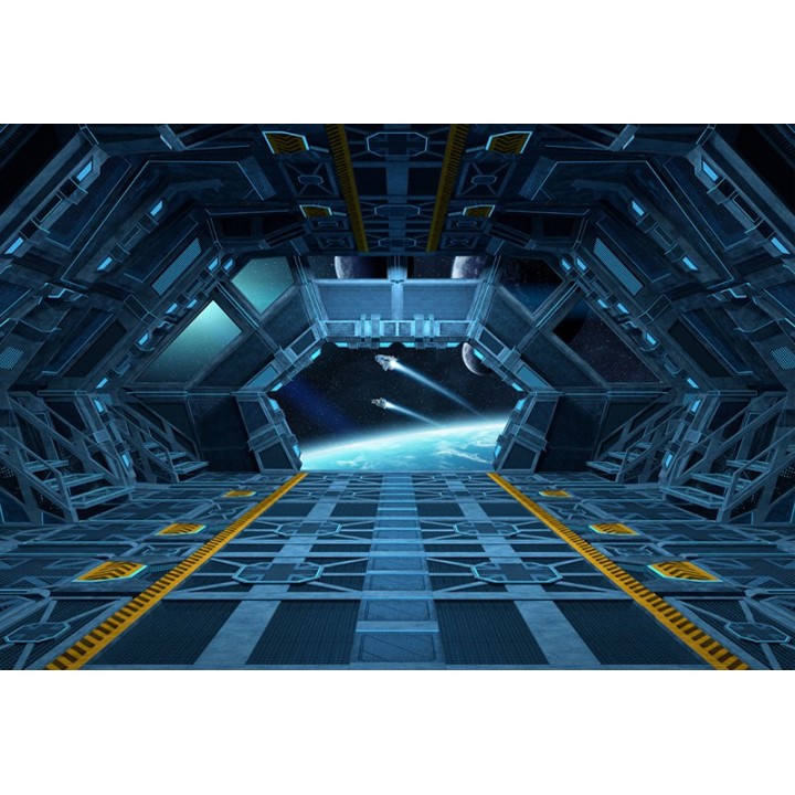 Pasyage univers planète vue depuis le cabine de vaisseau spatial, scène de science-fiction trompe l'œil 3D