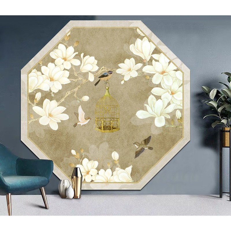 Tapis mural vintage motif asiatique ton beige - Magnolia blanc et oiseaux, cage doré