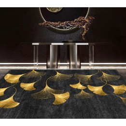Tapis laine mural et sol style japonais - Feuilles dorées de Ginkgo Biloba sur fond noir