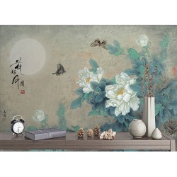 Peinture chinoise ancienne - Pivoines blanches et papillons dans la nuit