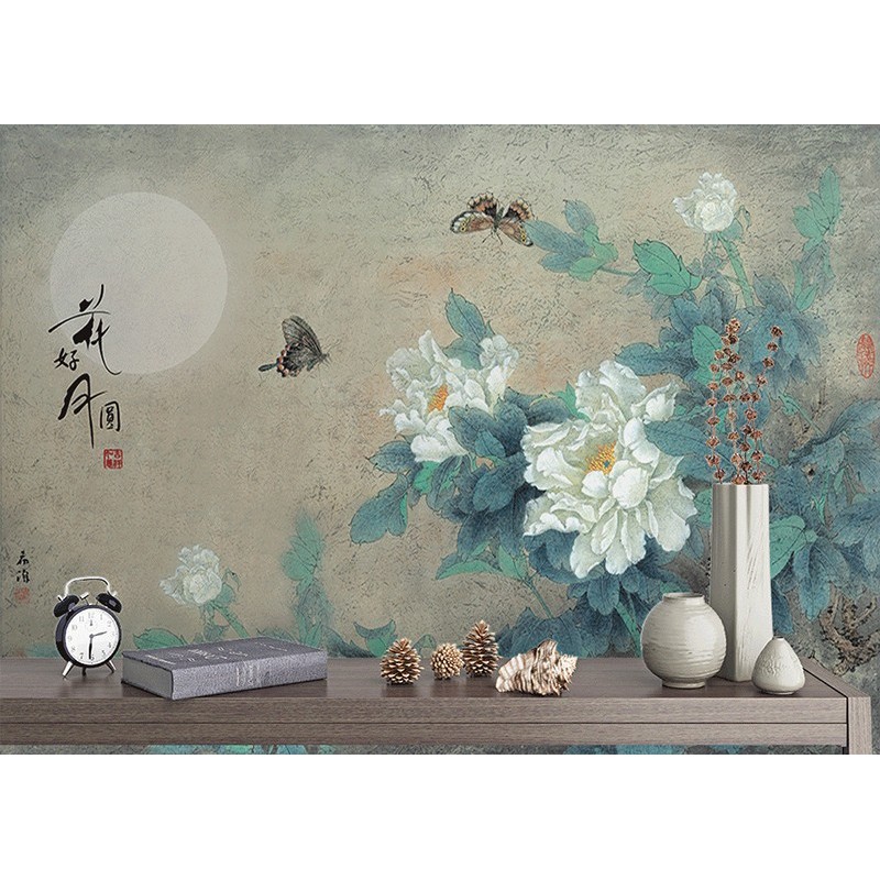 Peinture chinoise ancienne - Pivoines blanches et papillons dans la nuit