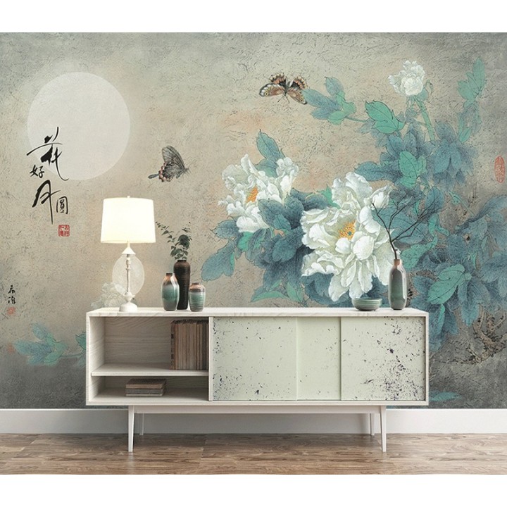 Peinture chinoise ancienne - Pivoines blanches et papillons dans la nuit