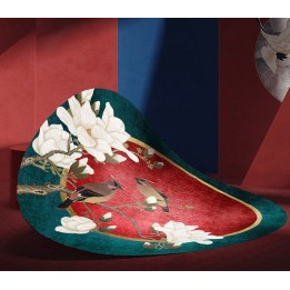 Tapis chinois floral forme ronde - Magnolia blanc et oiseaux sur fond rouge, vert et or