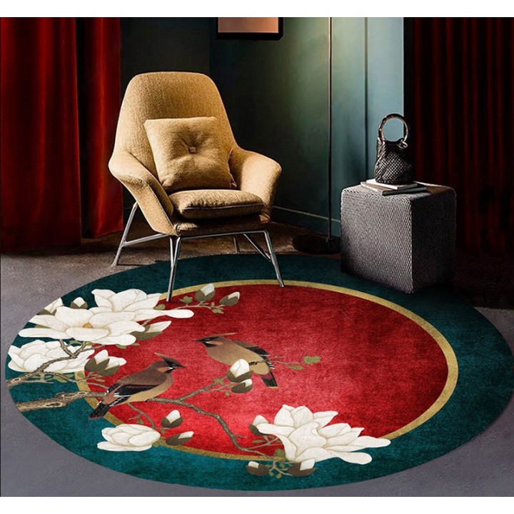 Tapis chinois floral forme ronde - Magnolia blanc et oiseaux sur fond rouge, vert et or