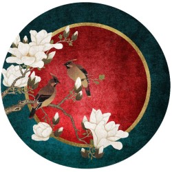 Tapis chinois floral forme ronde - Magnolia blanc et oiseaux sur fond rouge, vert et or