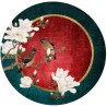 Tapis chinois floral forme ronde - Magnolia blanc et oiseaux sur fond rouge, vert et or