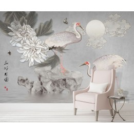 Fresque chinoise fleurs et oiseaux ton gris - Aigrettes, pivoine et papillons dans la nuit en pleine lune