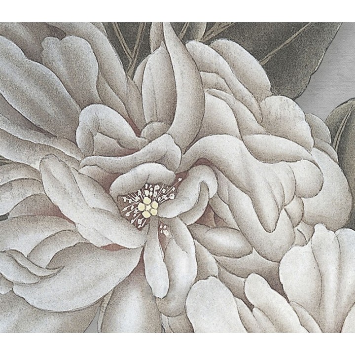 Fresque chinoise fleurs et oiseaux ton gris - Aigrettes, pivoine et papillons dans la nuit en pleine lune