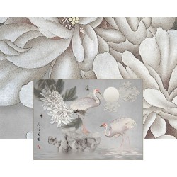 Fresque chinoise fleurs et oiseaux ton gris - Aigrettes, pivoine et papillons dans la nuit en pleine lune