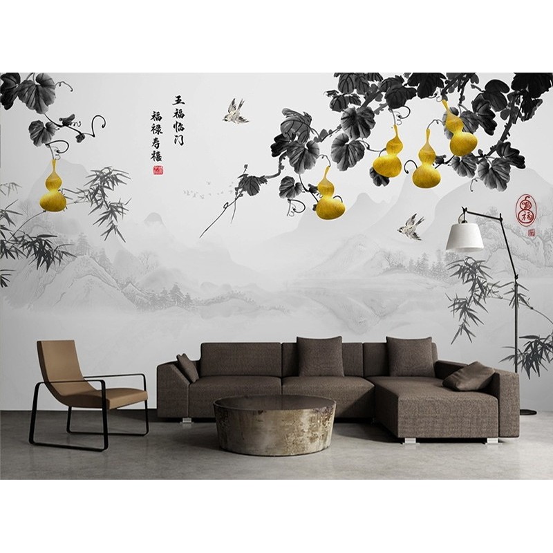 Paysage asiatique en noir et blanc, plante grimpante de coucourdes doré avec les bambous