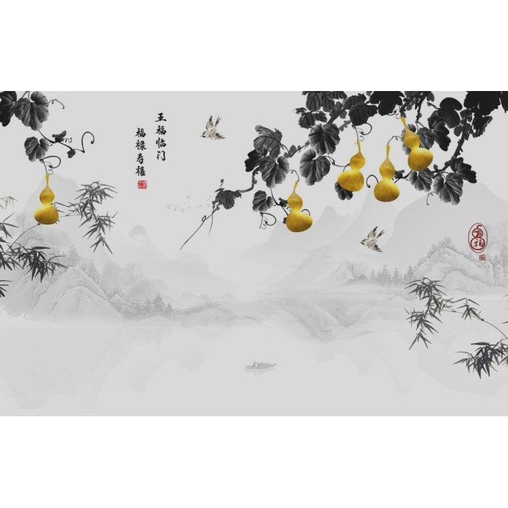 Paysage asiatique en noir et blanc, plante grimpante de coucourdes doré avec les bambous