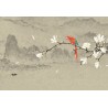 Paysage montagneux effet sépia avec fleurs et oiseaux - Perroquet arc-en-ciel sur branche de magnolia blanc