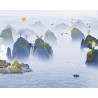 Paysage japonais mythique - Montagne, rivière et village couleur bleu et or, animaux légendaires