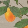 La joie d'automne - Arbre de kaki avec fruits oranges, oiseaux verts à longue queue, fond beige sépia