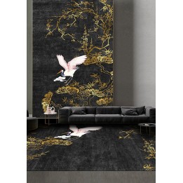 Tapis japonais noir et or - Grue du Japon, cerisier, bambou et pin en forme de bonsaï