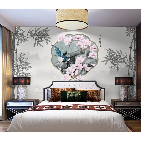 Tête de lit chinoiserie - Paysage et bambous niveau de gris, magnolia rose et oiseau bleu