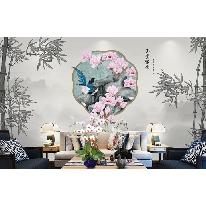 Tête de lit chinoiserie - Paysage et bambous niveau de gris, magnolia rose et oiseau bleu