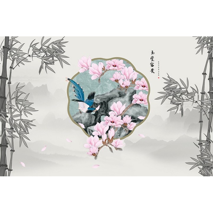 Tête de lit chinoiserie - Paysage et bambous niveau de gris, magnolia rose et oiseau bleu