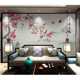 Paysage asiatique style compagne - Pommier et oiseaux sur fond girs