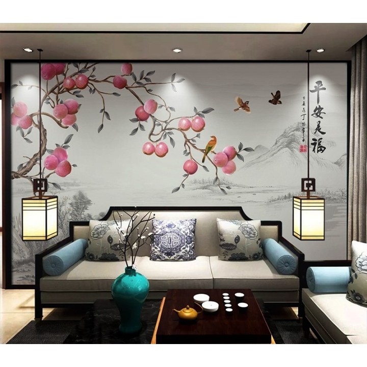 Paysage asiatique style compagne - Pommier et oiseaux sur fond girs