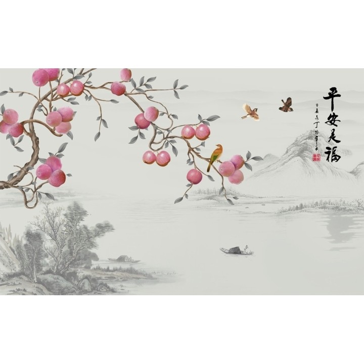 Paysage asiatique style compagne - Pommier et oiseaux sur fond girs