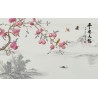 Paysage asiatique style compagne - Pommier et oiseaux sur fond girs