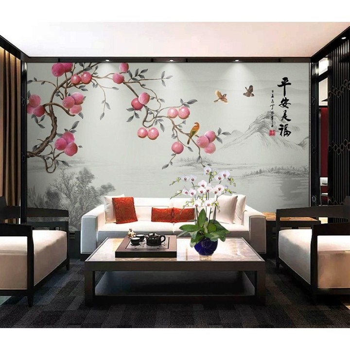 Paysage asiatique style compagne - Pommier et oiseaux sur fond girs
