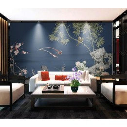 Papier Peint Panoramique Chinoiserie Bleu Foncé Fleur Oiseau