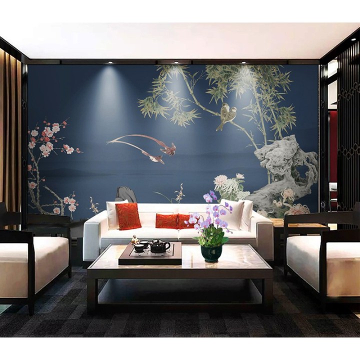 Papier Peint Panoramique Chinoiserie Bleu Foncé Fleur Oiseau