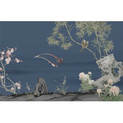 Oiseaux paille en queue, fleur de mei, orchidée, bambou et chrysanthème sur fond bleu foncé