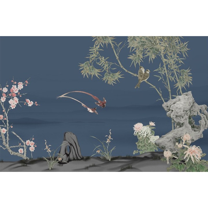 Papier Peint Panoramique Chinoiserie Bleu Foncé Fleur Oiseau