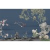 Oiseaux paille en queue, fleur de mei, orchidée, bambou et chrysanthème sur fond bleu foncé