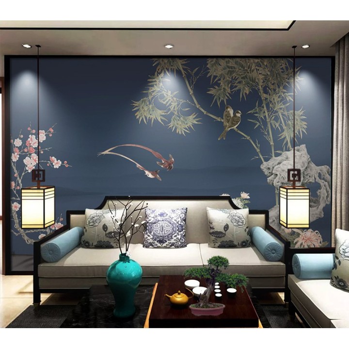 Papier Peint Panoramique Chinoiserie Bleu Foncé Fleur Oiseau