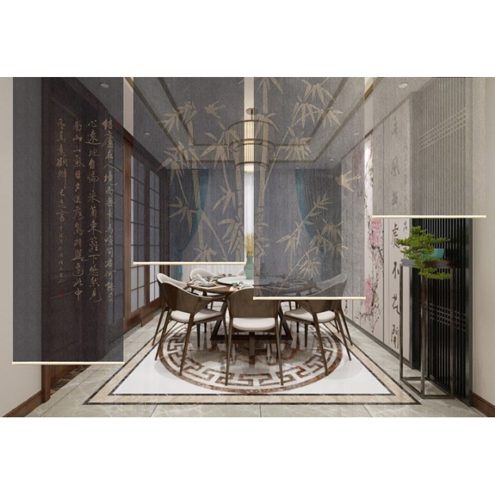 Cloison mobile verticale chinoiserie - Bambous et poème sur fond noir et beige