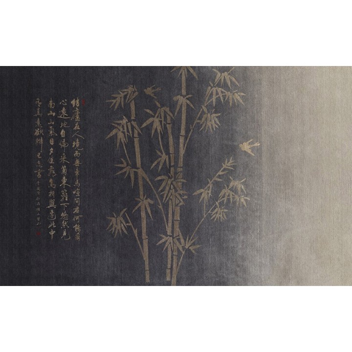 Cloison mobile verticale chinoiserie - Bambous et poème sur fond noir et beige