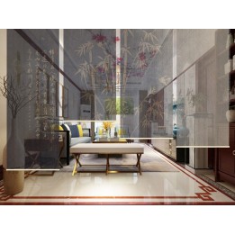 Cloison mobile verticale chinoiserie - Bambous et poème sur fond noir et beige