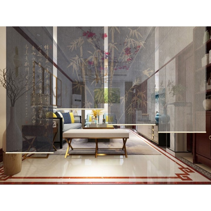 Cloison mobile verticale chinoiserie - Bambous et poème sur fond noir et beige