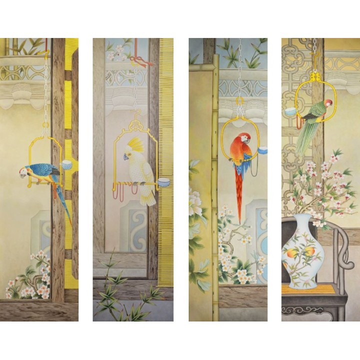 Panneau japonais fleurs et oiseaux  - Les perroquets