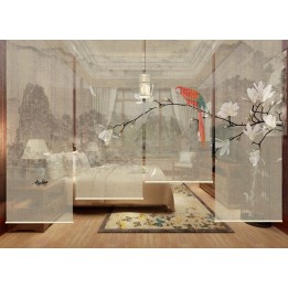 Cloison japonaise fleurs et oiseaux - Paysage avec magnolia blanc et perroquet arc-en-ciel, fond beige