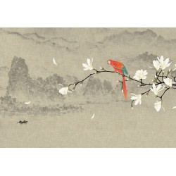 Cloison japonaise fleurs et oiseaux - Paysage avec magnolia blanc et perroquet arc-en-ciel, fond beige