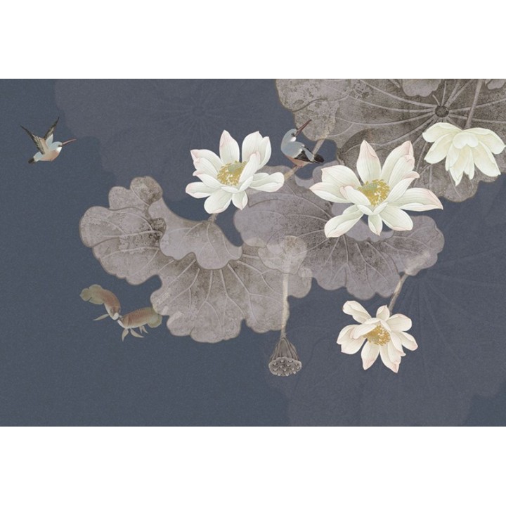 Lotus blanc, capres et oiseaux sur fond bleu foncé