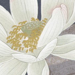 Lotus blanc, capres et oiseaux sur fond bleu foncé