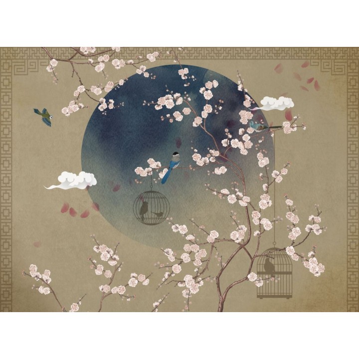 Tapisserie japonaise zen fleurs et oiseaux - Les fleurs de pêchers et les oiseaux